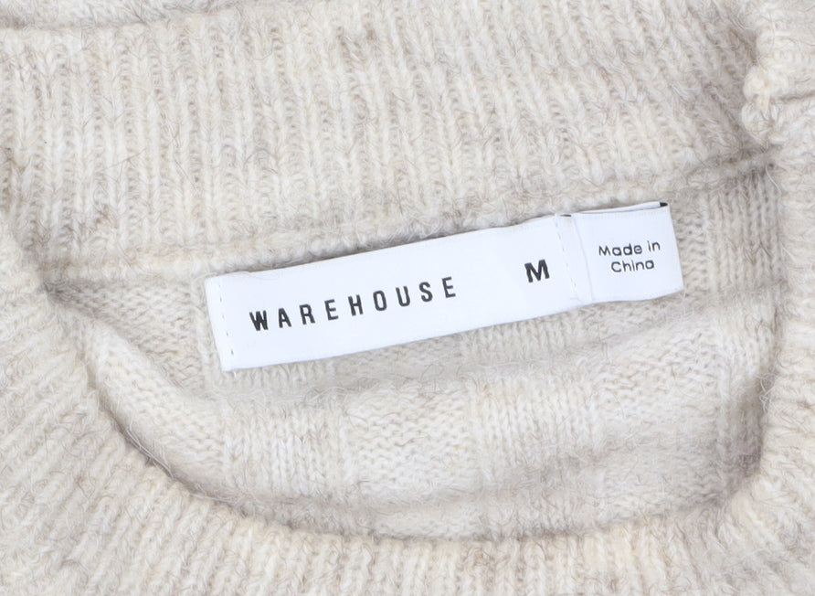 Warehouse Women's Beige Crew Neck Rib Knit Wool Blend Jumper Size M