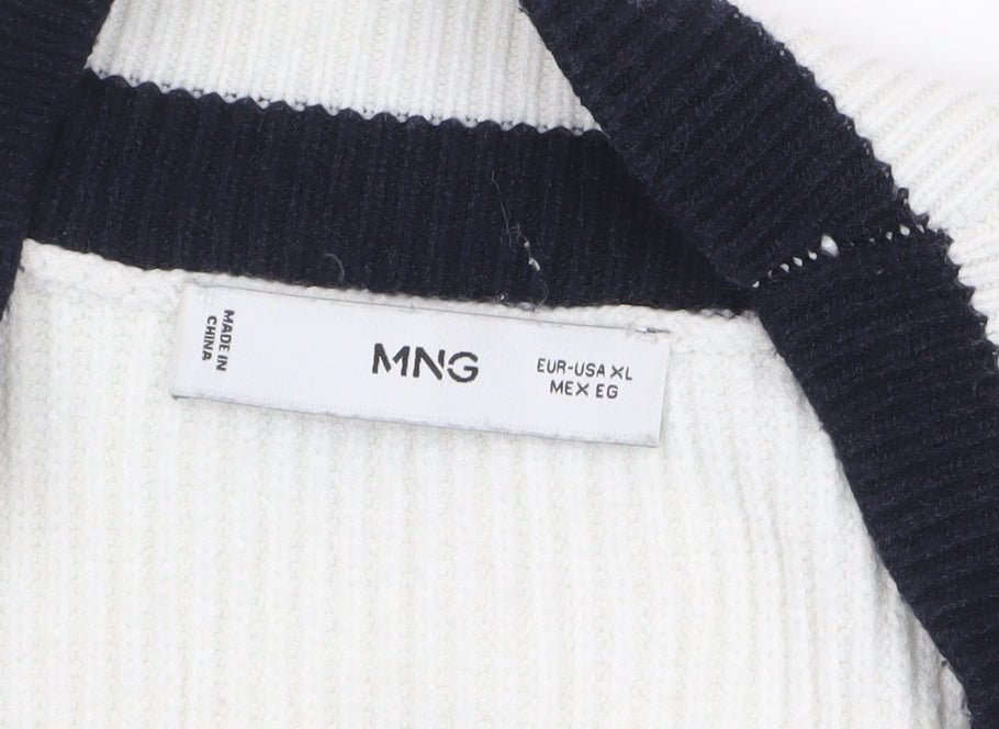 MNG Women's White V-Neck Ribbed Knit Pullover Jumper XL