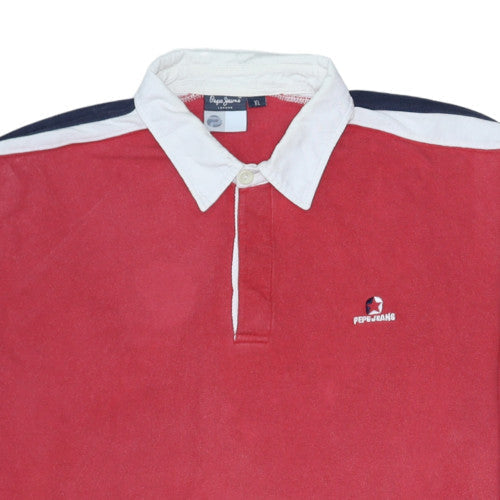 Pepe Jeans Mens Red Long Sleeve Polo Shirt XL Cotton Retro Rugby Style