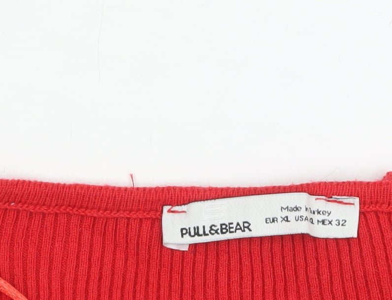 Pull&Bear Women Red Cropped V-Neck Long Sleeve Knit Top Size L