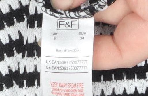 F&F Women Black White Striped Bodycon Midi Dress Size 6