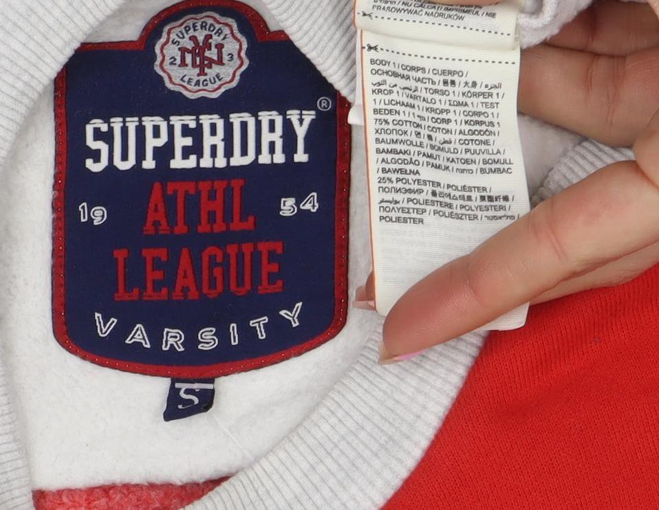 Superdry Womens Grey Red Crew Neck Sweatshirt Size S Varsity Style