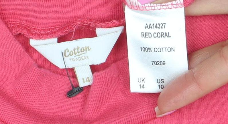Cotton Traders Women's Red Coral Mock Neck 3/4 Sleeve Cotton T-Shirt Size 14