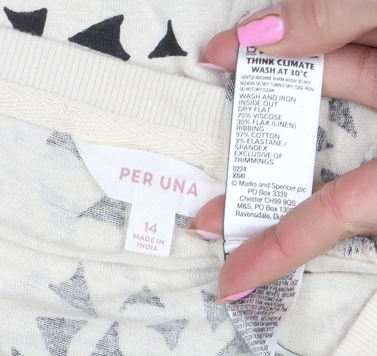 Per Una Women Beige Geometric Cotton Linen T-Shirt Size 14