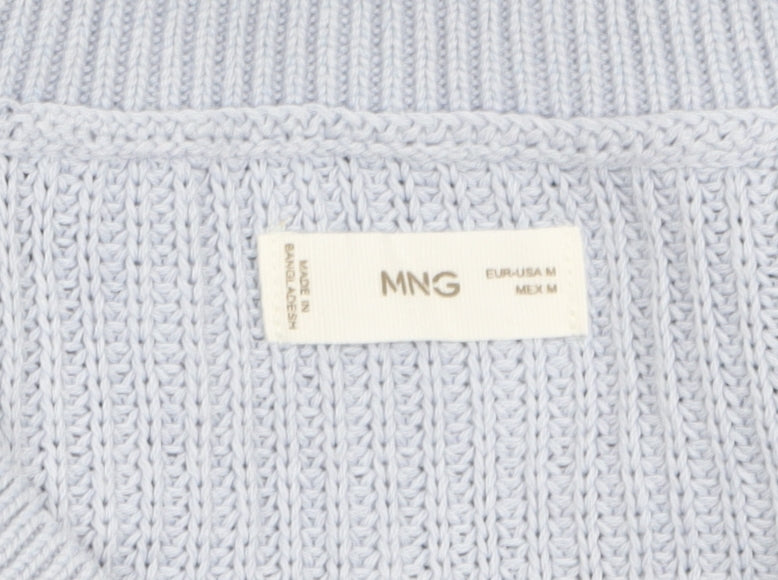 MNG Women Blue Striped V-Neck Cotton Knit Jumper Size M