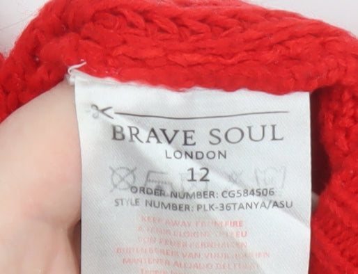 Brave Soul Women's Red Cable-Knit V-Neck Jumper Size 12