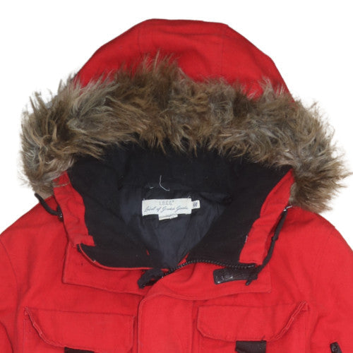 H&M L.O.G.G. Men's Red Hooded Parka Coat M Faux Fur Trim Winter Jacket