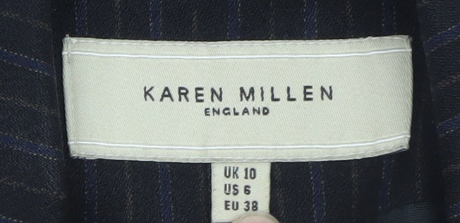 Karen Millen Women Black Pinstripe Wool Blend Blazer UK 10 Slim Fit