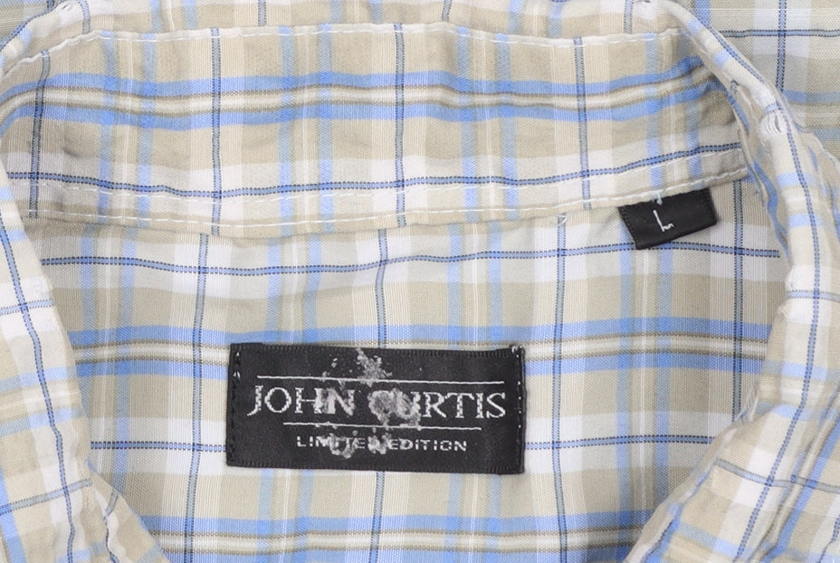 John Curtis Men's Beige Blue Check Short Sleeve Button-Up Shirt L