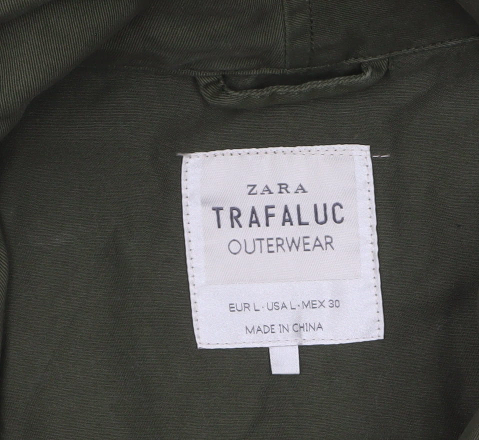 Zara Trafaluc Women’s Green Military Long Coat Size 14 Hooded Faux Leather Sleeves