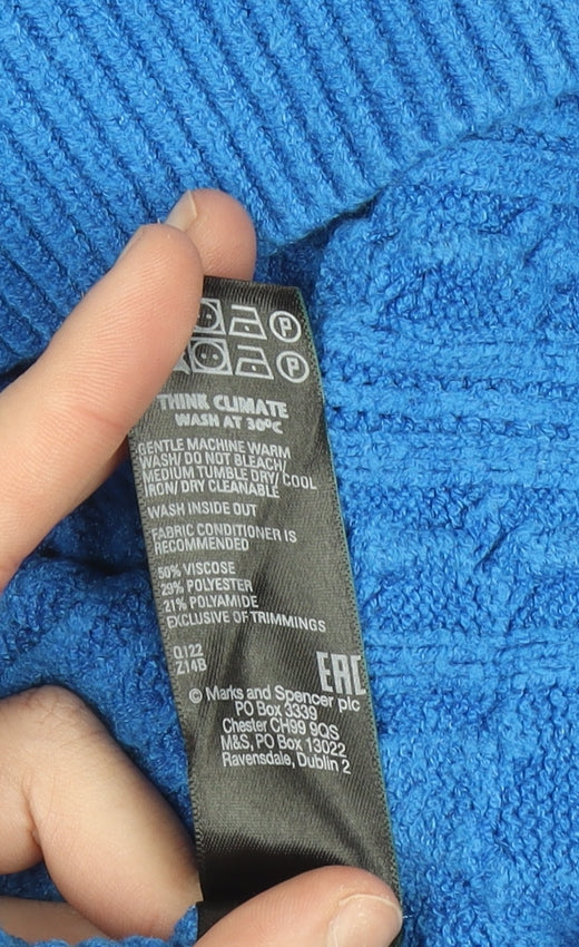 Marks and Spencer Women's Blue Mock Neck Cable Knit Jumper Small