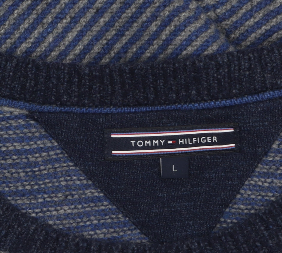 Tommy Hilfiger Men’s Blue Striped Wool Blend Crew Neck Jumper L
