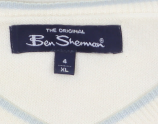 Ben Sherman Men's Ivory Cotton V-Neck Jumper XL Classic Knit