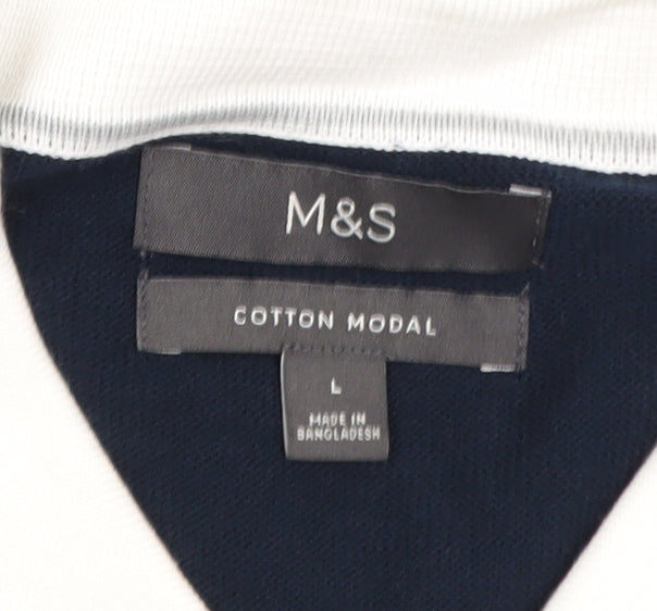 Marks and Spencer Men's Blue Striped Collared Short Sleeve Cardigan L