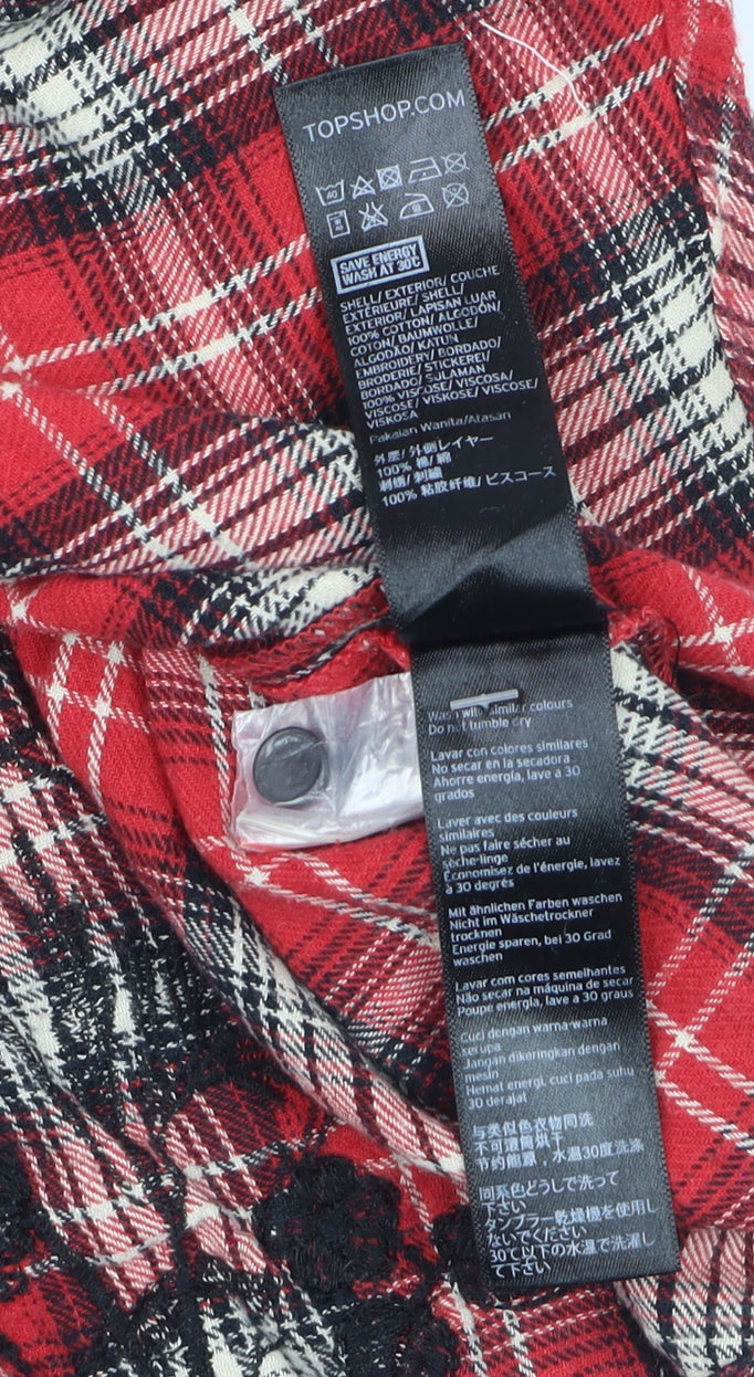 Topshop Women's Red Plaid Embroidered Cotton Flannel Shirt UK 8