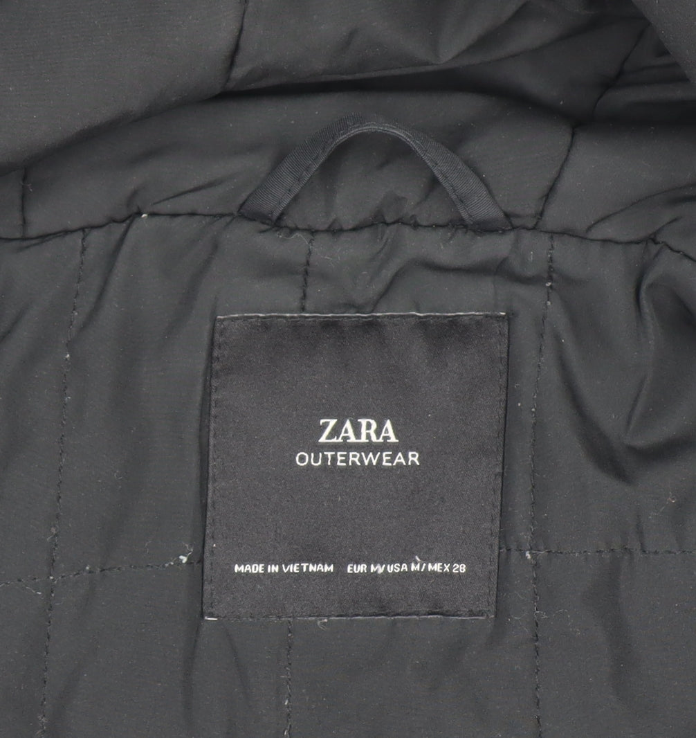 Zara Women Black Mid-Length Puffer Jacket with Faux Fur Hood Size 12