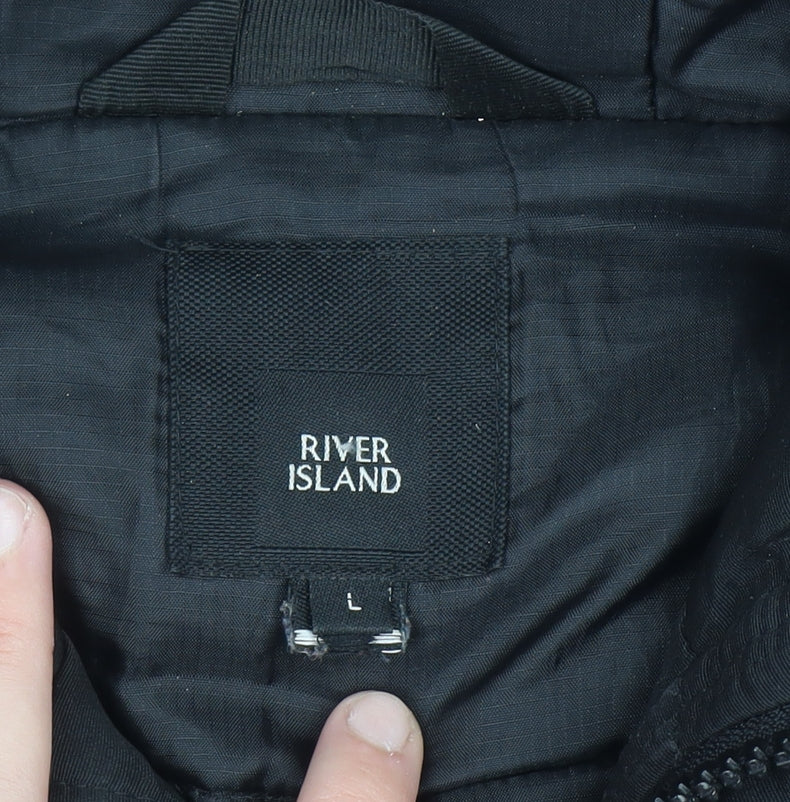 River Island Men's Black L Hooded Puffer Jacket Faux Fur Winter Coat