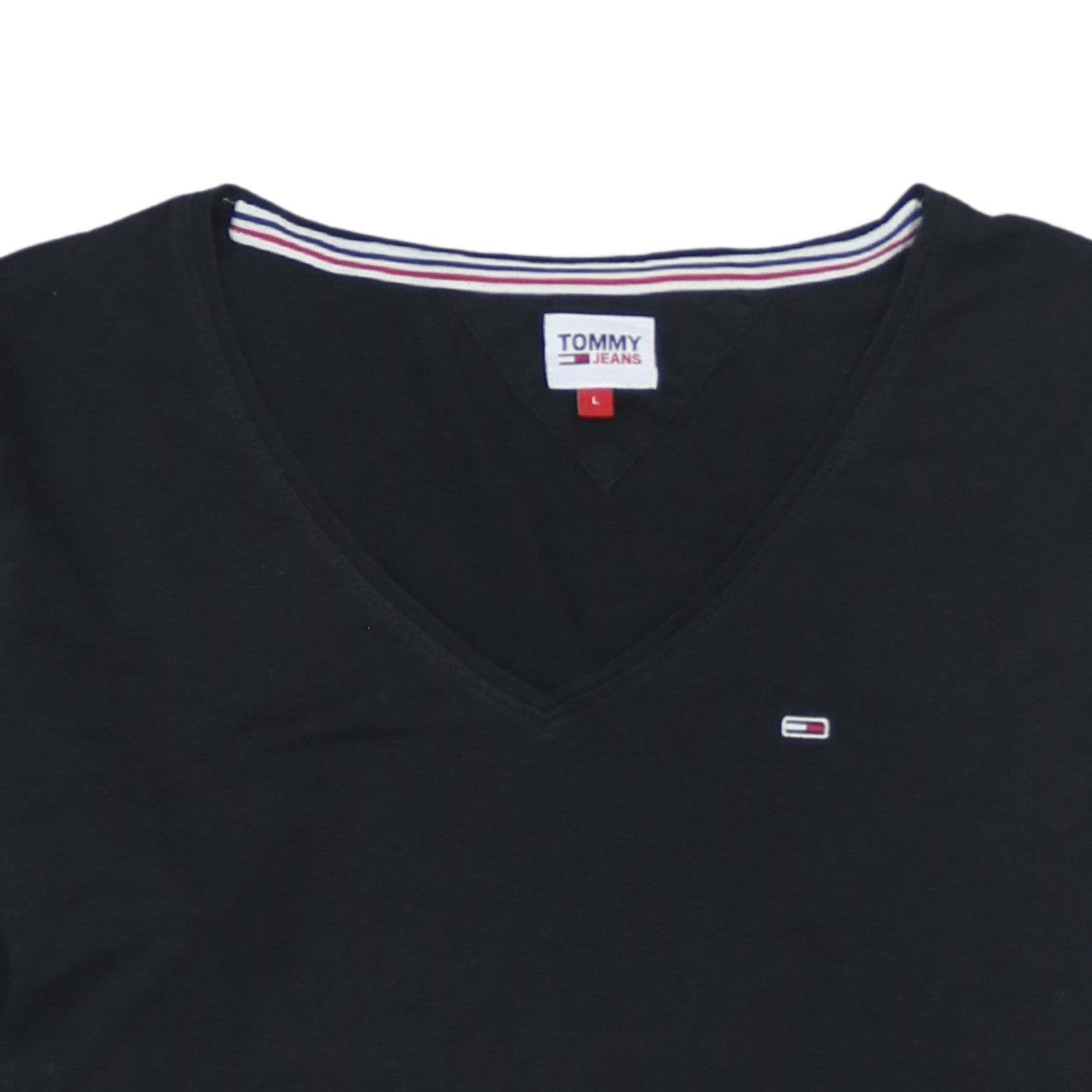 Tommy Jeans Womens Black Long Sleeve V-Neck Cotton T-Shirt L