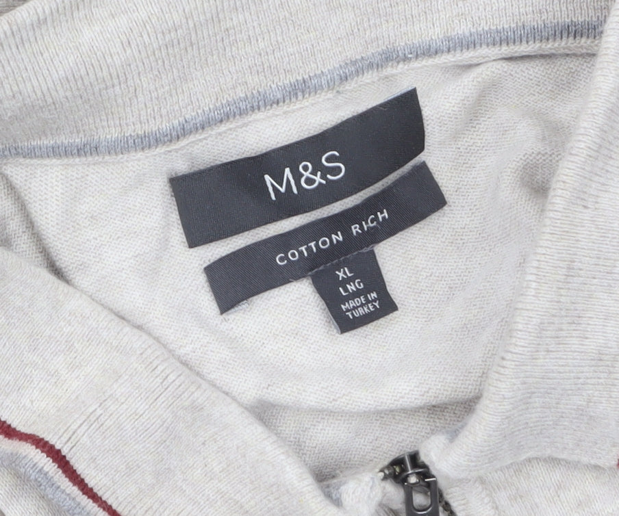 Marks and Spencer Men's Beige Cotton 1/2 Zip Collared Jumper XL
