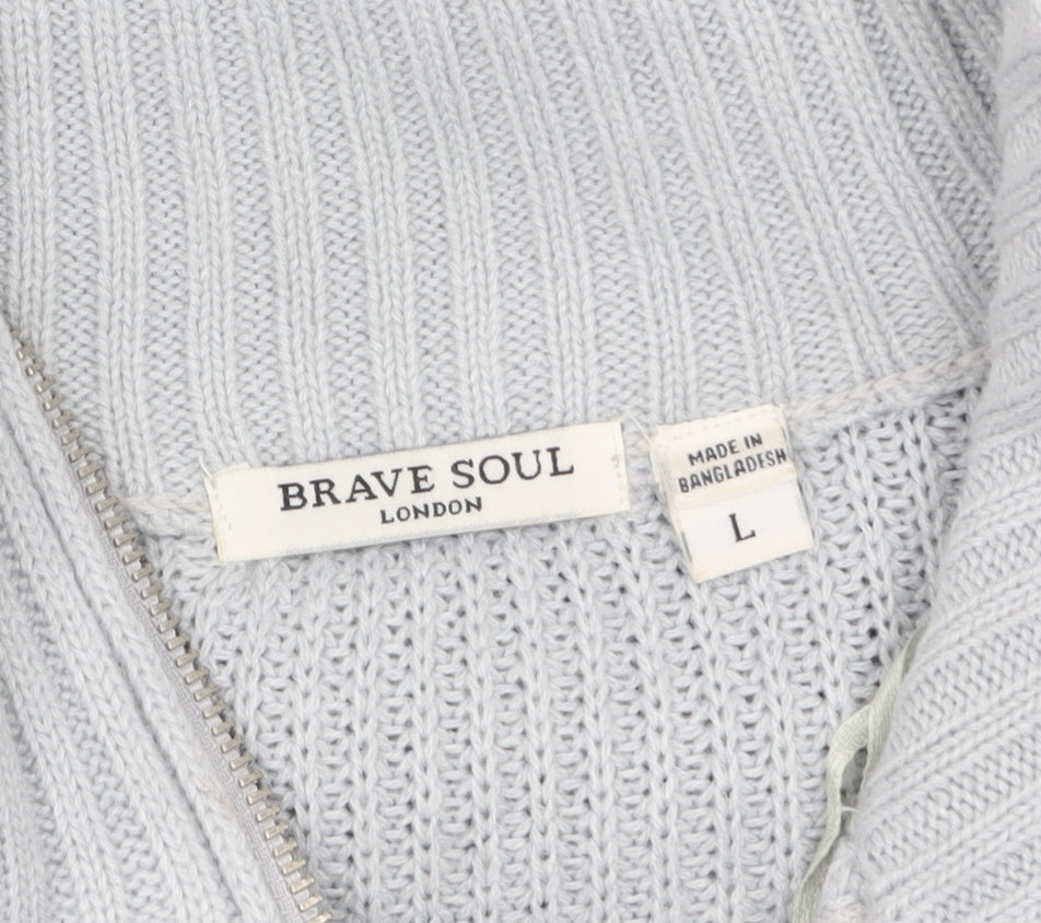 Brave Soul Women’s Grey Striped High Neck Half Zip Chunky Knit Jumper L