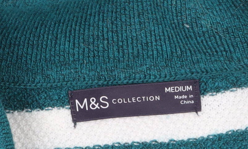Marks and Spencer Women's Green Striped Collared Pullover Jumper M
