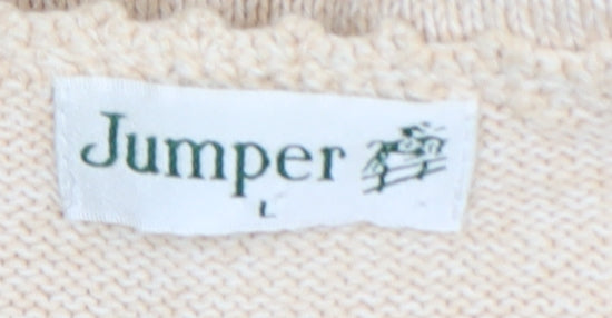 Jumper Women Beige L Short Sleeve Cotton Open-Knit Pullover