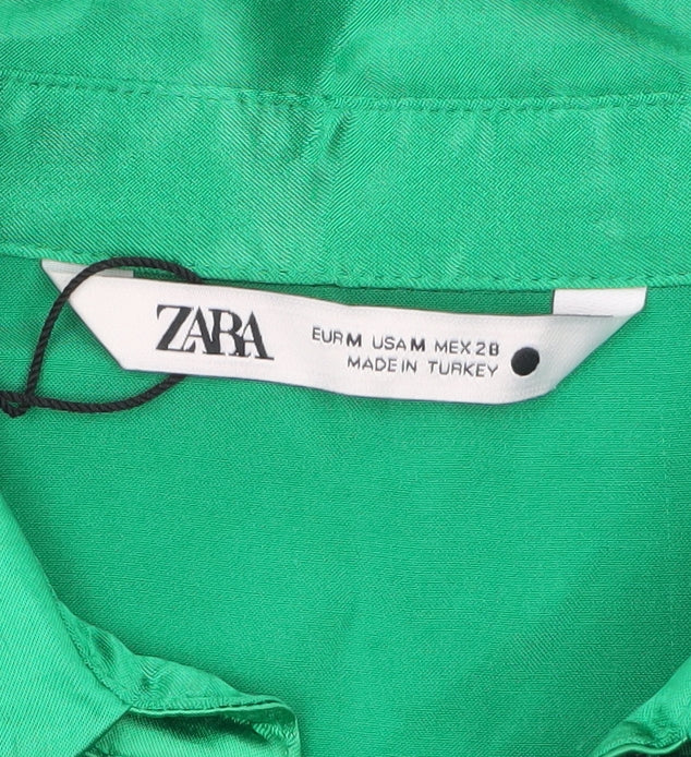 Zara Women Green Satin Collared Long Sleeve Ruched Blouse Size M