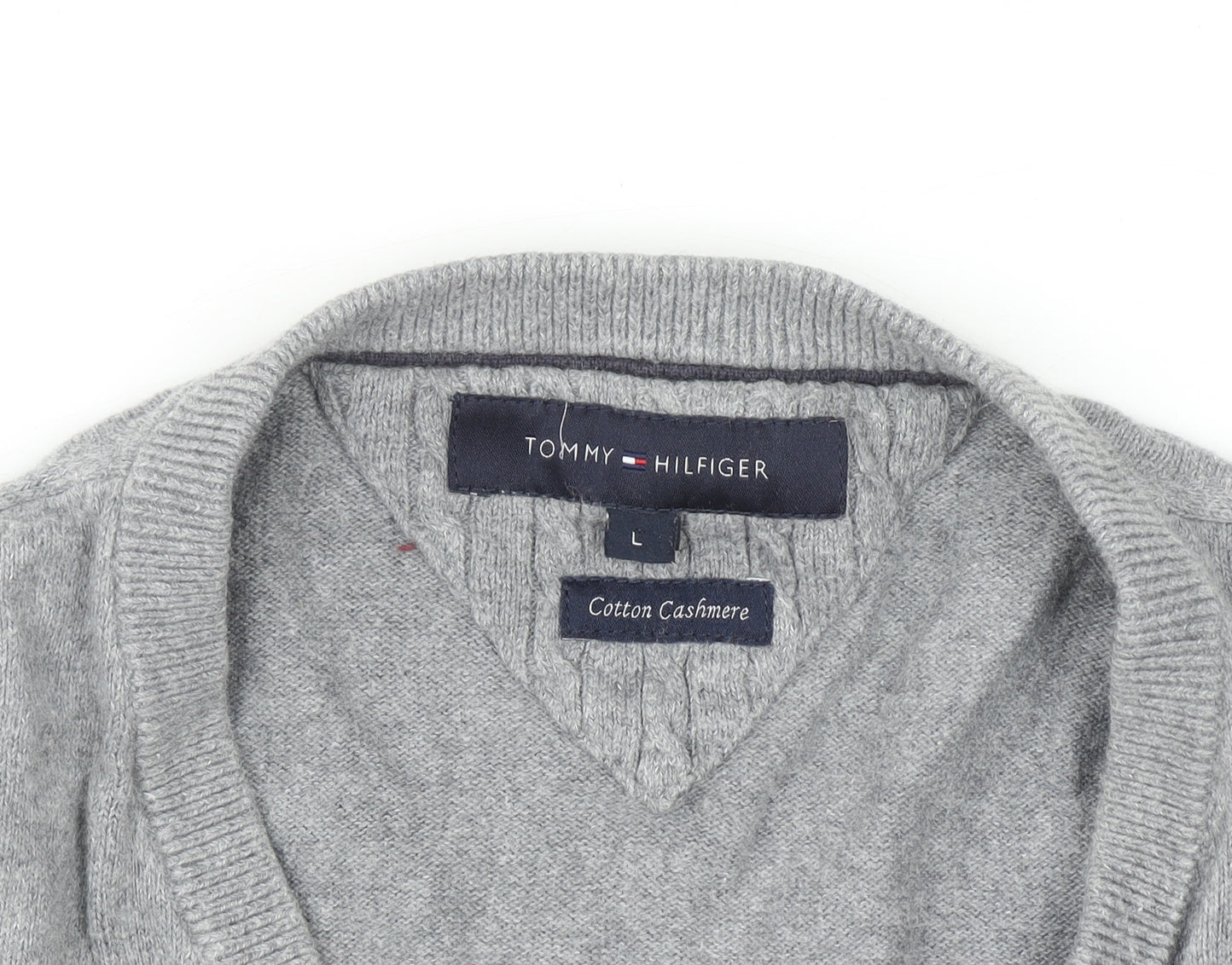 Tommy Hilfiger Men's Grey Cotton Cashmere V-Neck Jumper Size L
