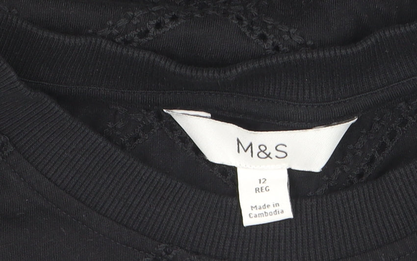 Marks and Spencer Women’s Black Crochet Cotton T-Shirt Size 12