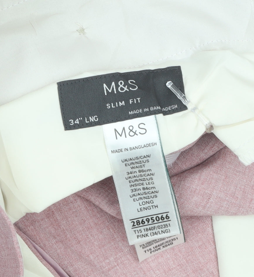 Marks and Spencer Men’s Pink Slim Fit Dress Trousers 34W 33L