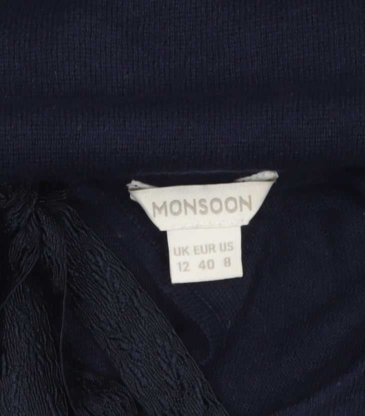 Monsoon Women's Blue Knit Shift Dress Size 12 Long Sleeve Tie Neck