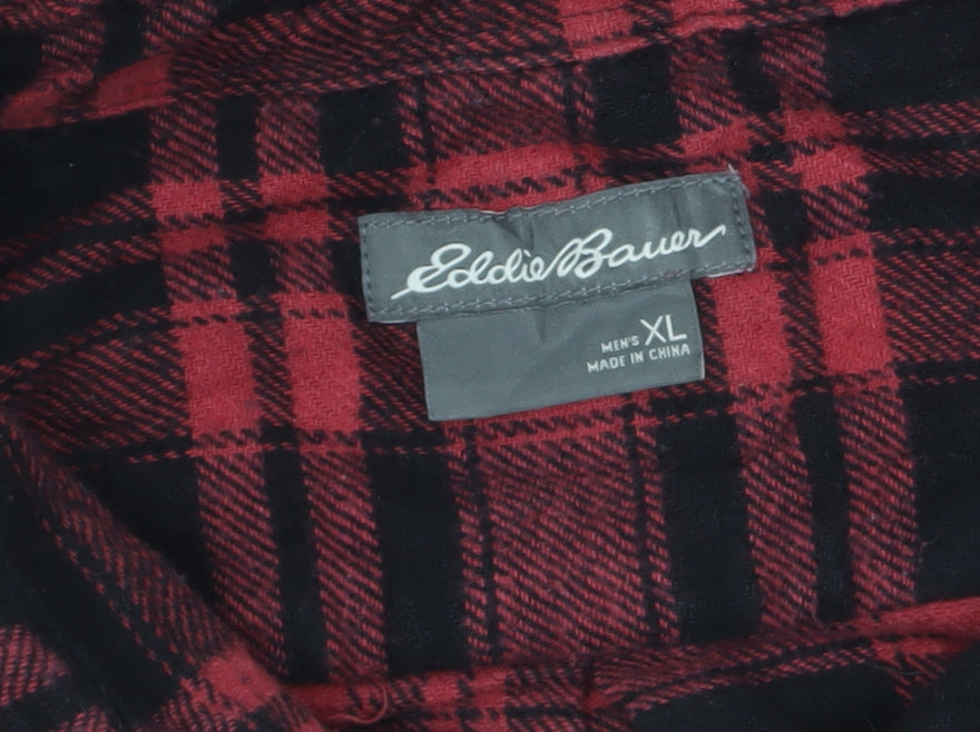 Eddie Bauer Men's Red Black Plaid Flannel Button-Up Shirt XL