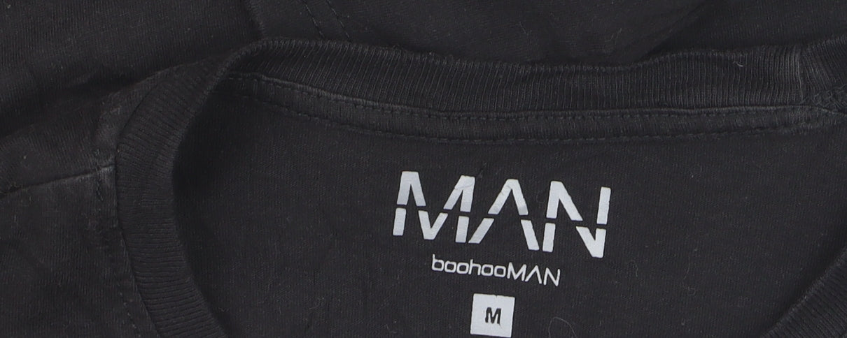 BoohooMAN Men's Black Crew Neck Embroidered Script T-Shirt Size M