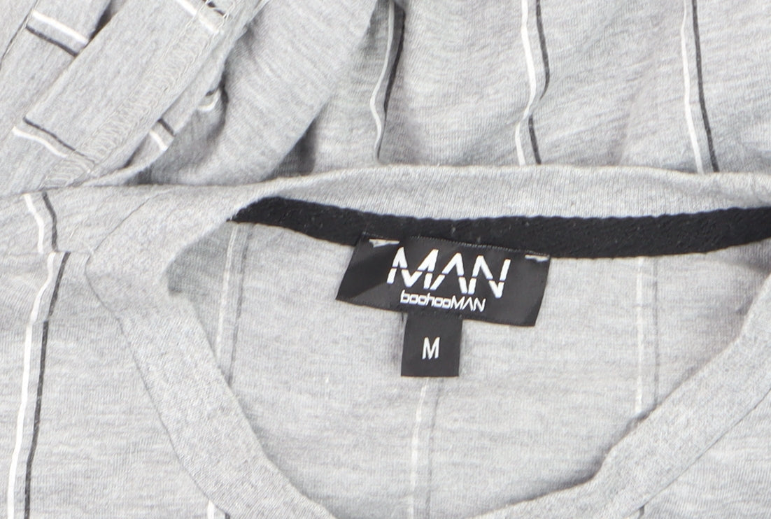 boohooMAN Unisex Grey Striped Basic T-Shirt Size M Crew Neck