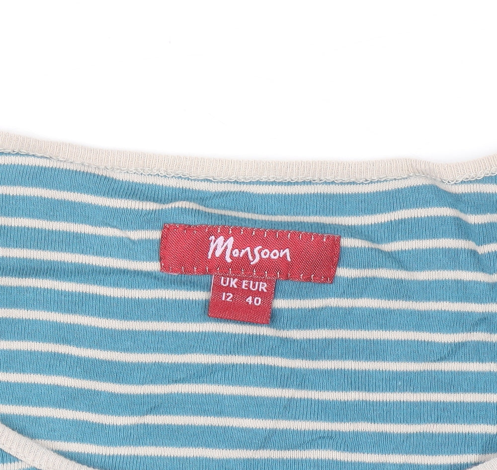 Monsoon Women Blue Striped Henley 3/4 Sleeve T-Shirt Size 12