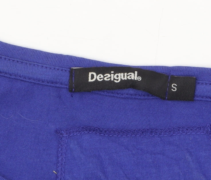 Desigual Women Blue Sequin Floral Cotton T-Shirt Size S