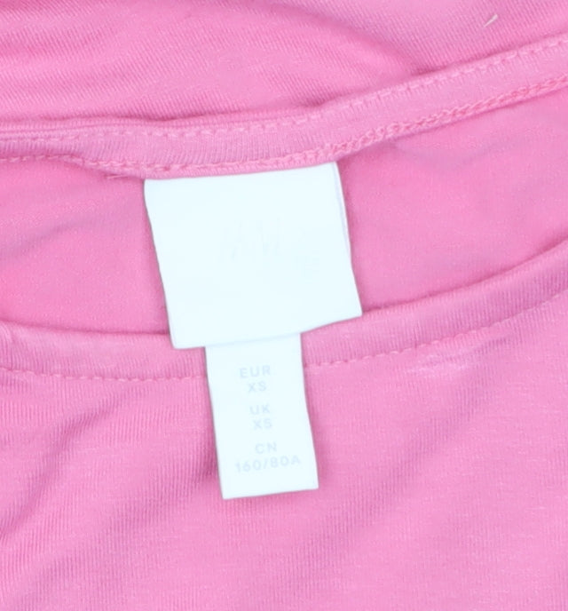 H&M Women Pink Puff Sleeve Crew Neck Cotton Blend T-Shirt XS