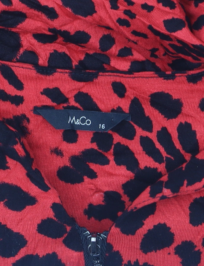M&Co Womens Red Animal Print Long Sleeve V-Neck Tunic Top Size 16