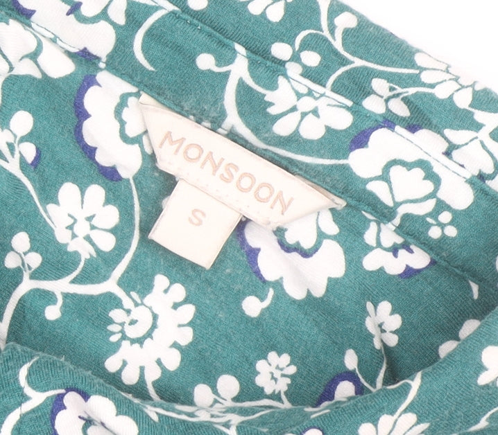 Monsoon Women Green Floral Shift Dress Size S Viscose Jersey Long Sleeve