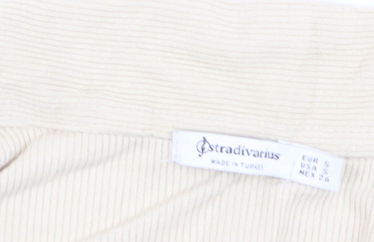 Stradivarius Women Beige Collared Ribbed Cropped Long Sleeve Top S