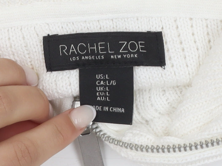 Rachel Zoe Women White Striped High Neck Half Zip Jumper Size L