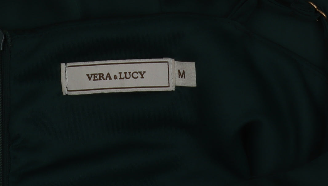 Vera & Lucy Women Green Midi Slip Dress Size M Asymmetric Ruffle