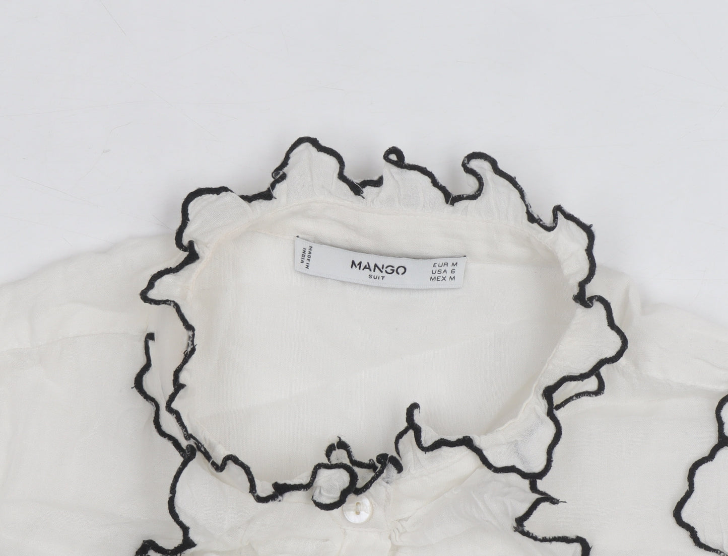 Mango Women's White Ruffle Long Sleeve Blouse Size 12