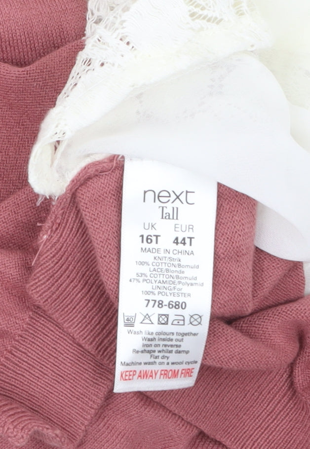 Next Women Tall Pink Lace Panel Cotton Cardigan Size 16