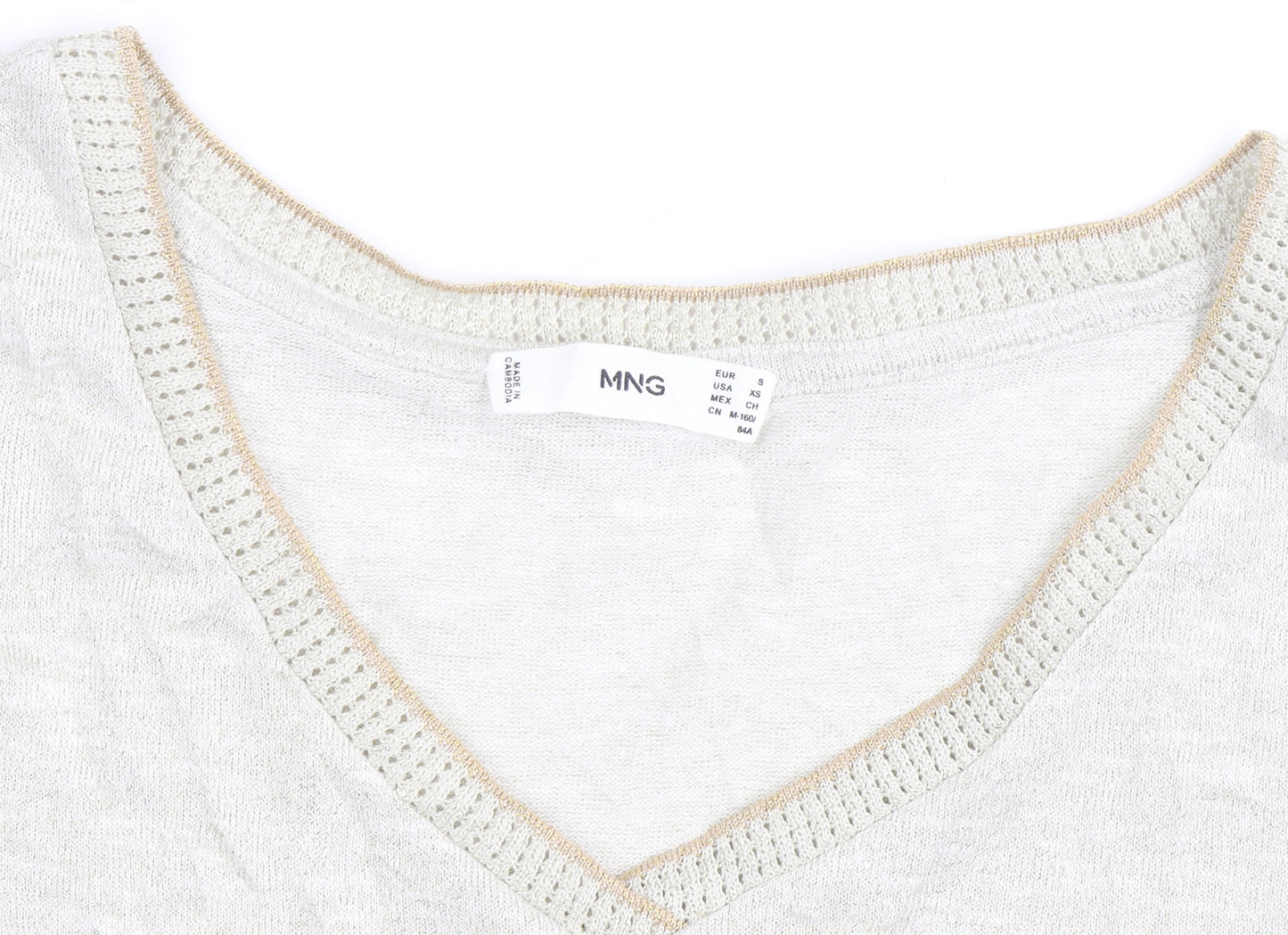 MNG Women's Beige V-Neck Short Sleeve Basic T-Shirt Size 8