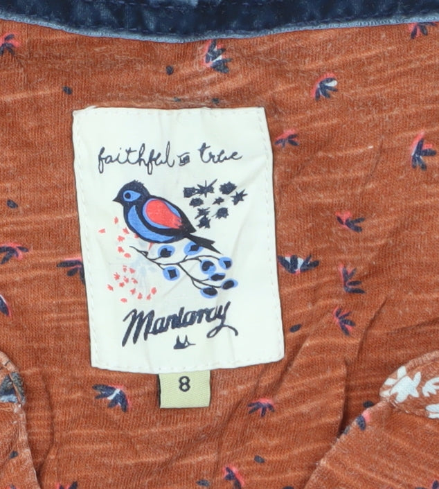 Mantaray Womens Brown Floral Tunic Blouse Size 8 V-Neck Cotton Top