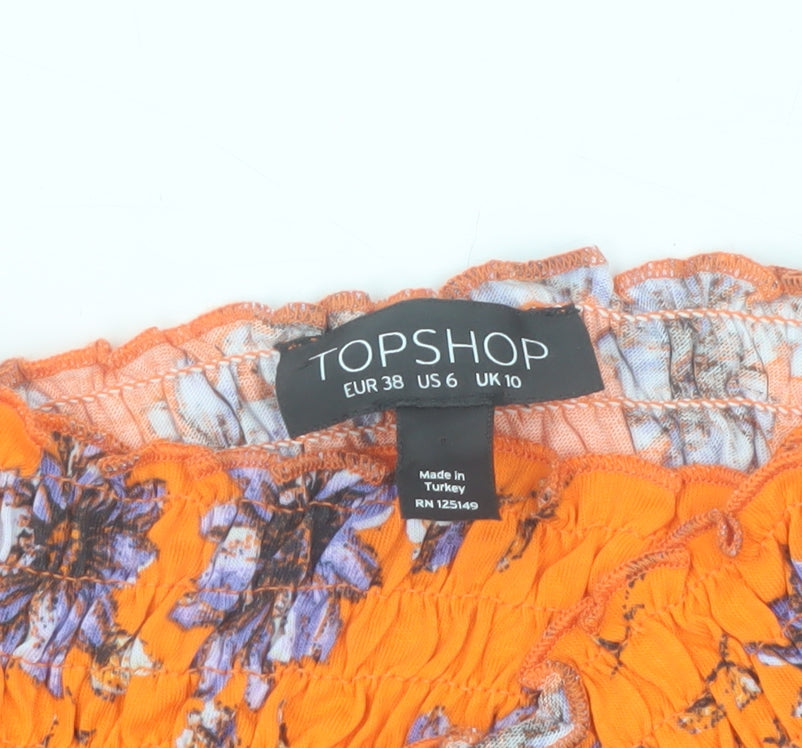 Topshop Women’s Orange Floral Cropped Off Shoulder Cotton Blouse Size 10
