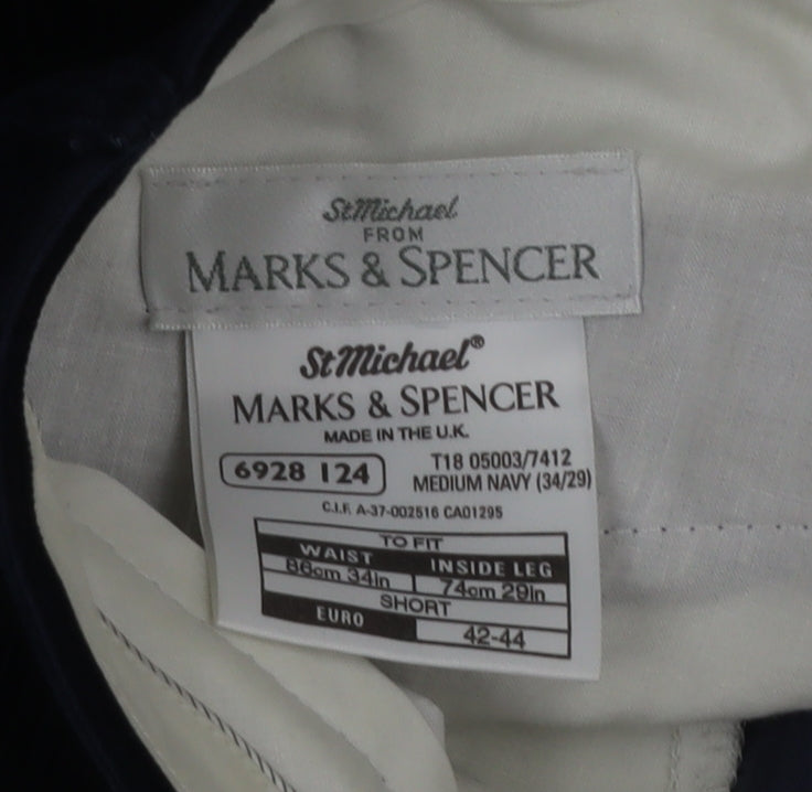 Marks and Spencer Men Blue Corduroy Trousers 34x29 Regular Fit