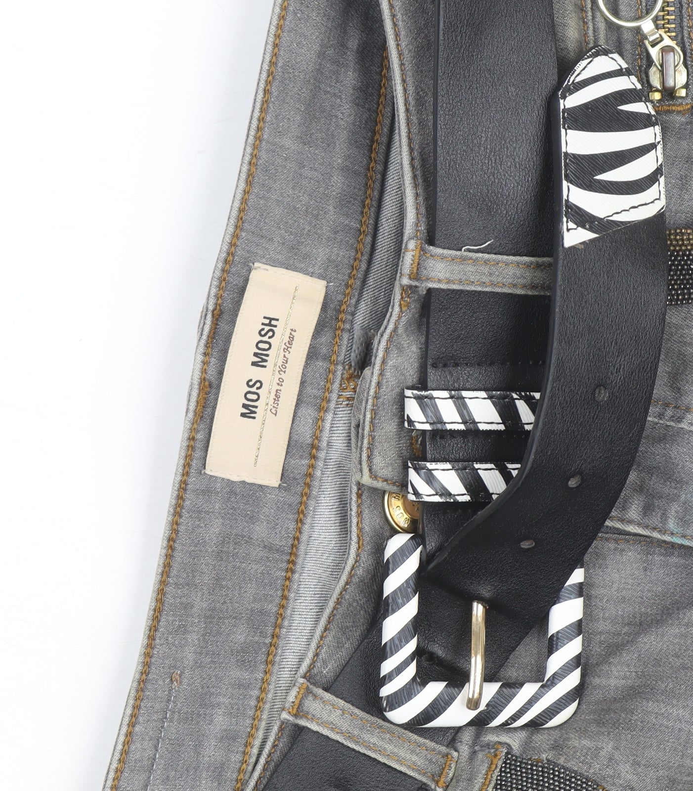 Mos Mosh Women's Grey Boyfriend Jeans with Belt Size M