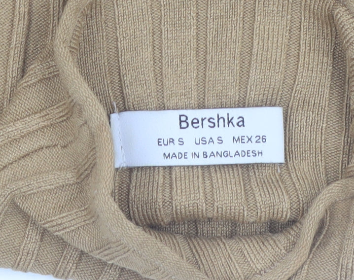 Bershka Women’s Beige Roll Neck Ribbed Knit Jumper Size 8